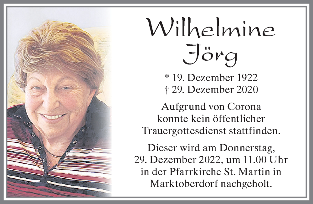 Traueranzeige von Wilhelmine Jörg von Allgäuer Zeitung, Marktoberdorf