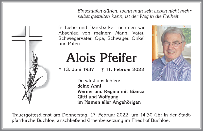 Traueranzeige von Alois Pfeifer von Allgäuer Zeitung, Kaufbeuren/Buchloe