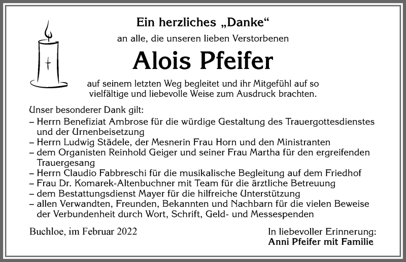 Traueranzeige von Alois Pfeifer von Allgäuer Zeitung, Kaufbeuren/Buchloe