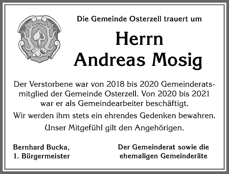 Traueranzeige von Andreas Mosig von Allgäuer Zeitung, Kaufbeuren/Buchloe