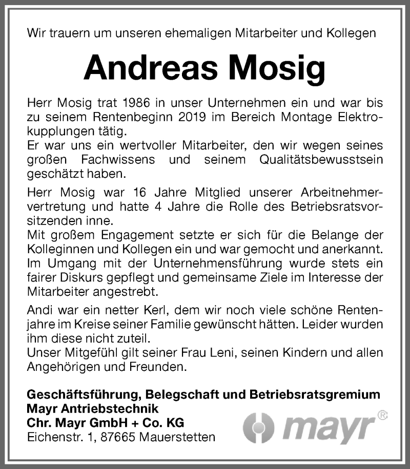 Traueranzeige von Andreas Mosig von Allgäuer Zeitung, Kaufbeuren/Buchloe