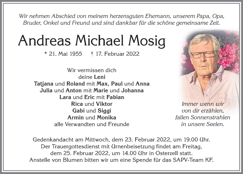 Traueranzeige von Andreas Michael Mosig von Allgäuer Zeitung, Kaufbeuren/Buchloe