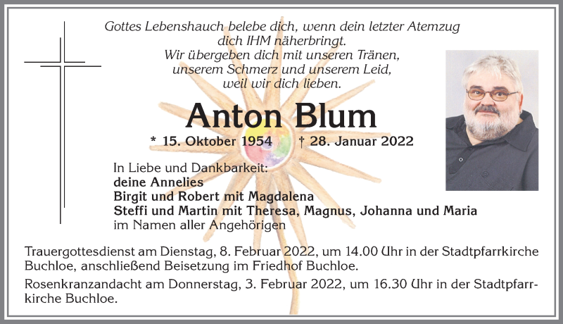 Traueranzeige von Anton Blum von Allgäuer Zeitung, Kaufbeuren/Buchloe