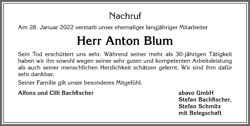 Traueranzeige von Anton Blum von Allgäuer Zeitung, Kaufbeuren/Buchloe