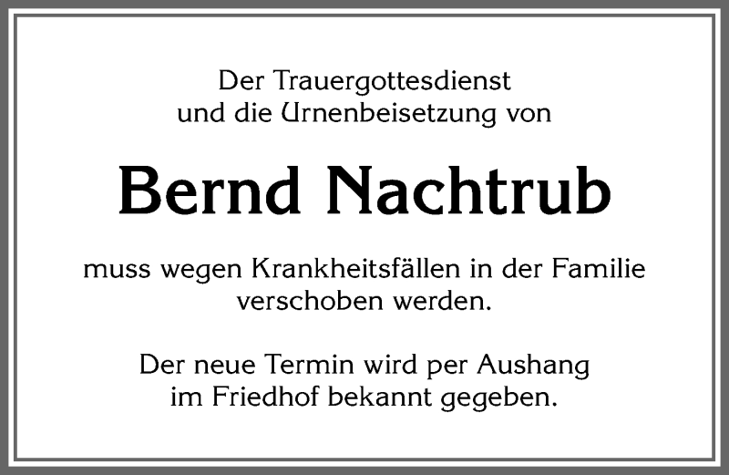 Traueranzeige von Bernd Nachtrub von Allgäuer Zeitung, Kaufbeuren/Buchloe