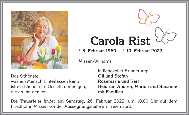 Traueranzeige von Carola Rist von Allgäuer Zeitung,Kempten