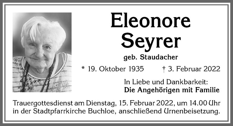 Traueranzeige von Eleonore Seyrer von Allgäuer Zeitung, Kaufbeuren/Buchloe