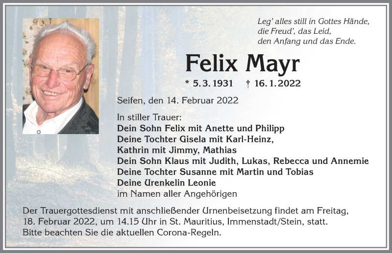 Traueranzeige von Felix Mayr von Allgäuer Anzeigeblatt