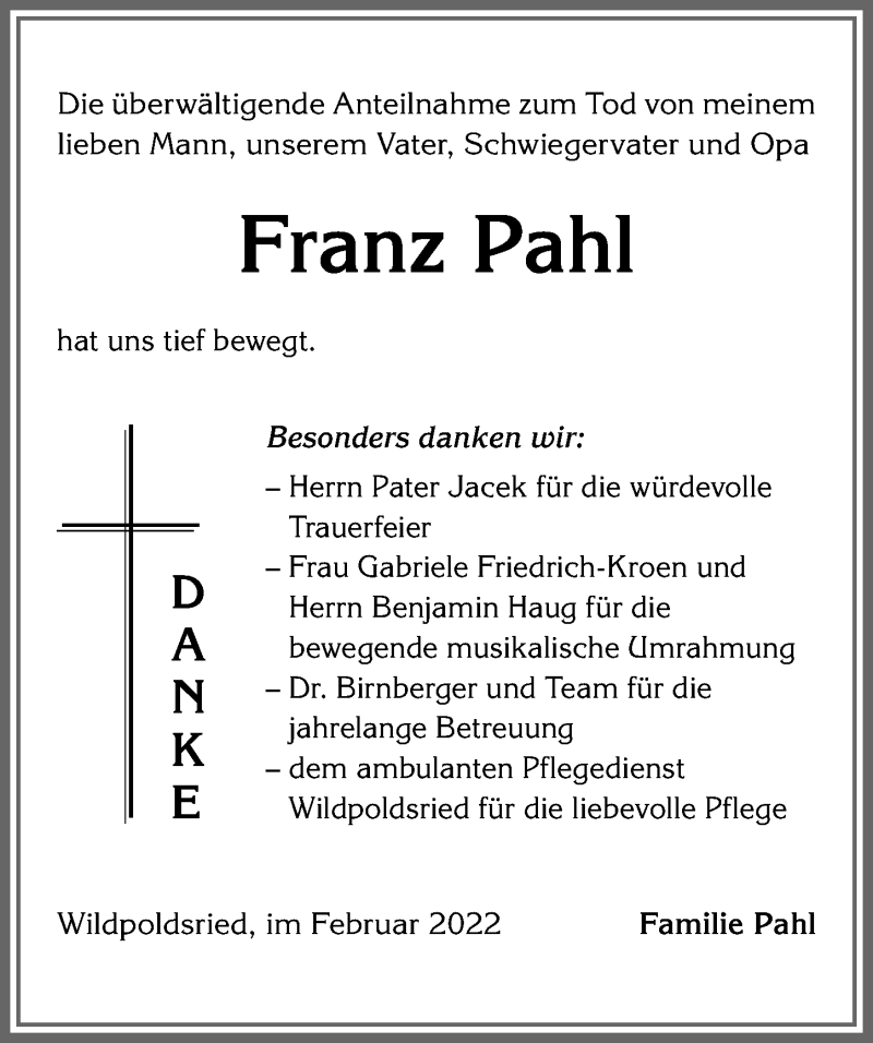Traueranzeige von Franz Pahl von Allgäuer Zeitung,Kempten