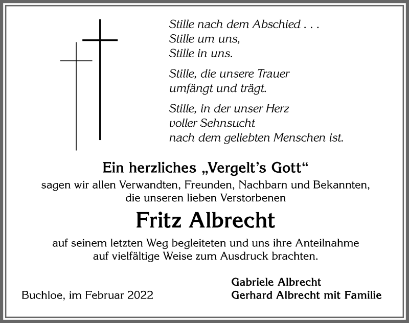 Traueranzeige von Fritz Albrecht von Allgäuer Zeitung, Kaufbeuren/Buchloe