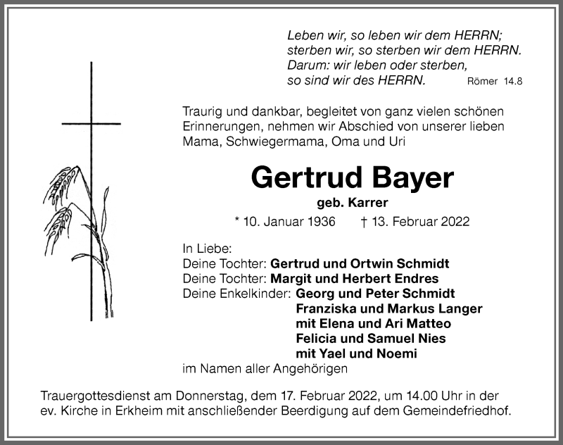 Traueranzeige von Gertrud Bayer von Memminger Zeitung