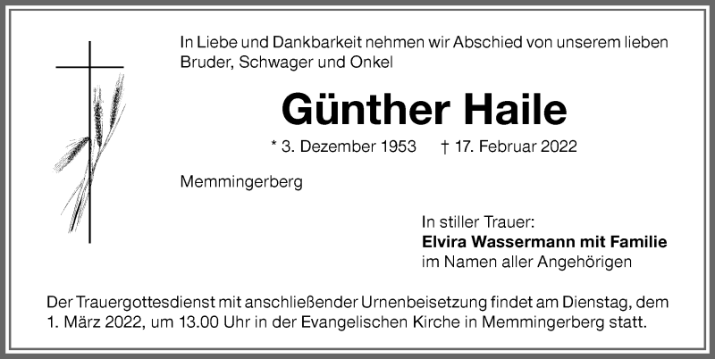 Traueranzeige von Günther Haile von Memminger Zeitung