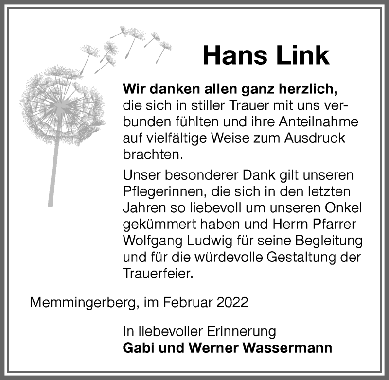 Traueranzeige von Hans Link von Memminger Zeitung