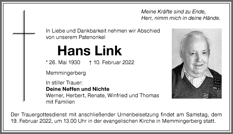 Traueranzeige von Hans Link von Memminger Zeitung