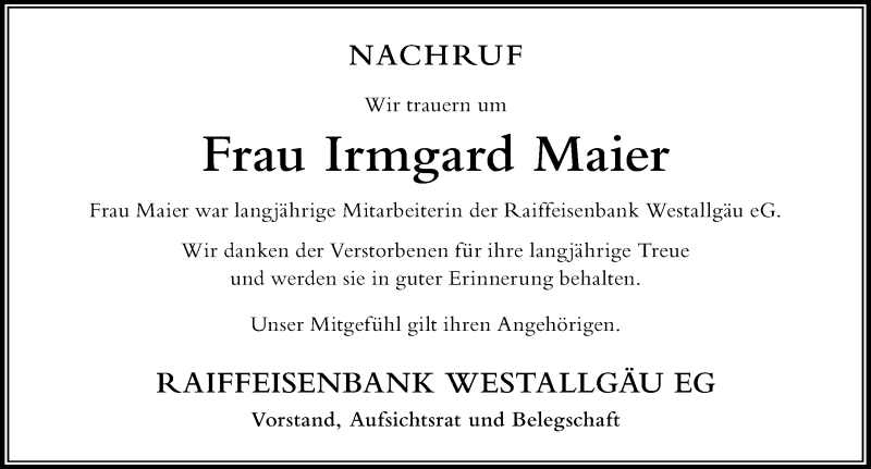 Traueranzeige von Irmgard Maier von Der Westallgäuer