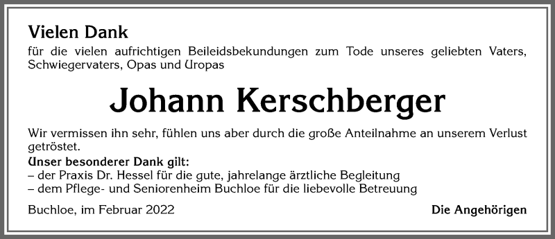 Traueranzeige von Johann Kerschberger von Allgäuer Zeitung, Kaufbeuren/Buchloe