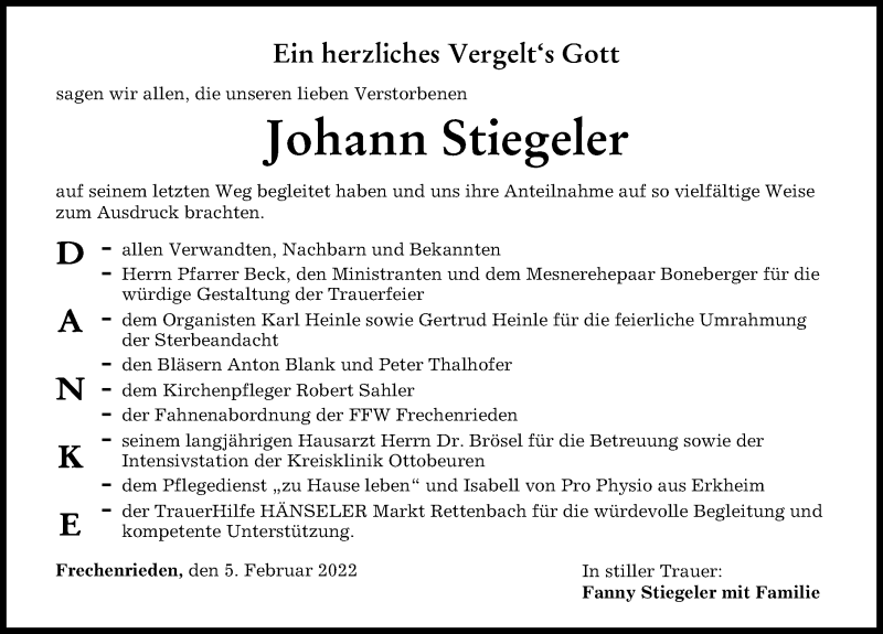 Traueranzeige von Johann Stiegeler von Memminger Zeitung