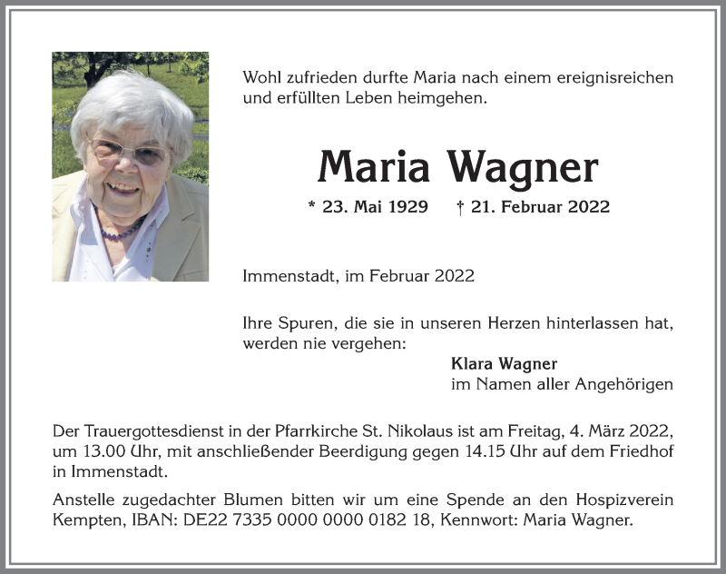 Traueranzeige von Maria Wagner von Allgäuer Anzeigeblatt