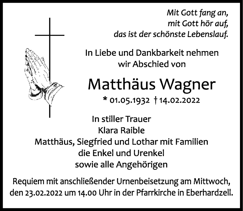 Traueranzeige von Matthäus Wagner von Der Westallgäuer