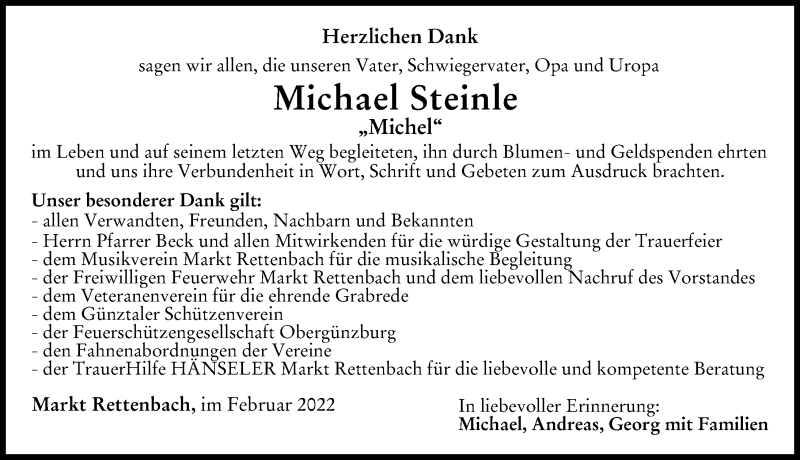 Traueranzeige von Michael Steinle von Memminger Zeitung