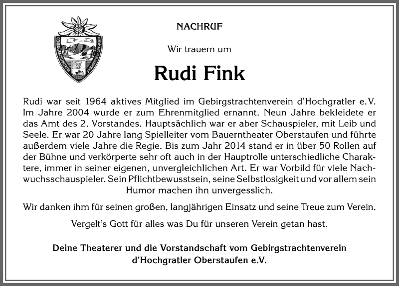Traueranzeige von Rudi Fink von Allgäuer Anzeigeblatt