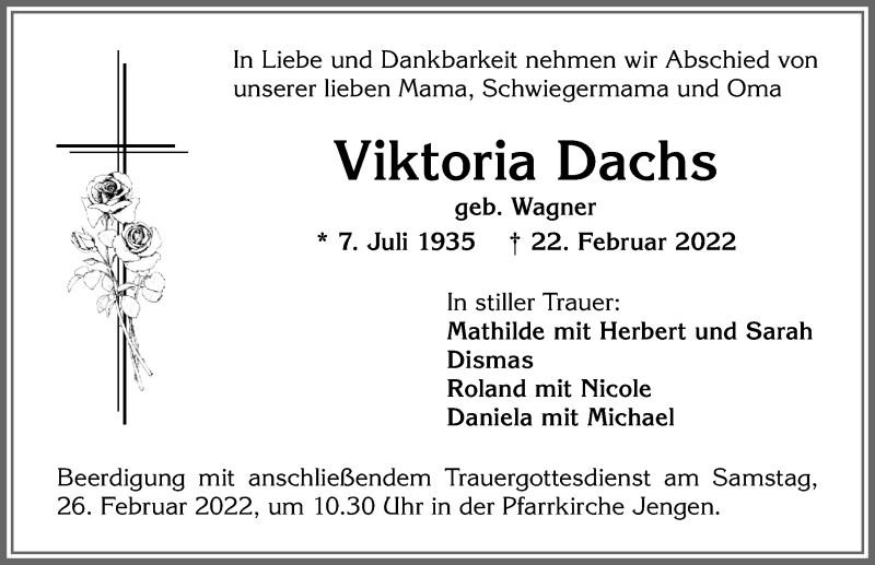 Traueranzeige von Viktoria Dachs von Allgäuer Zeitung, Kaufbeuren/Buchloe