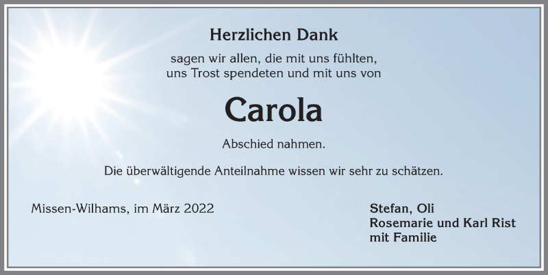 Traueranzeige von Carola  von Allgäuer Zeitung,Kempten