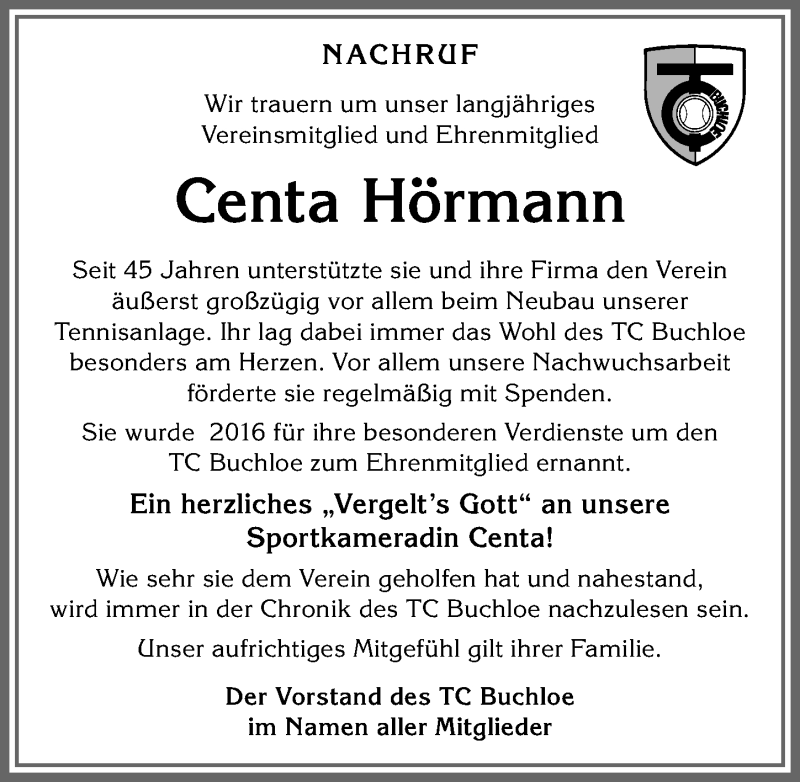 Traueranzeige von Centa Hörmann von Allgäuer Zeitung, Kaufbeuren/Buchloe