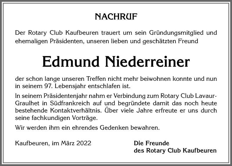 Traueranzeige von Edmund Niederreiner von Allgäuer Zeitung, Kaufbeuren/Buchloe