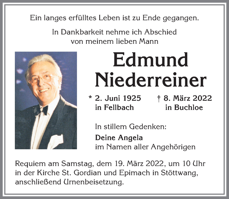 Traueranzeige von Edmund Niederreiner von Allgäuer Zeitung, Kaufbeuren/Buchloe