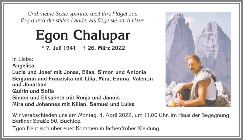 Traueranzeige von Egon Chalupar von Allgäuer Zeitung, Kaufbeuren/Buchloe