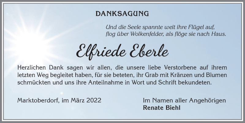 Traueranzeige von Elfriede Eberle von Allgäuer Zeitung, Marktoberdorf