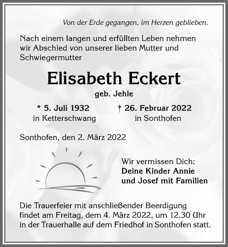 Traueranzeige von Elisabeth Eckert von Allgäuer Anzeigeblatt
