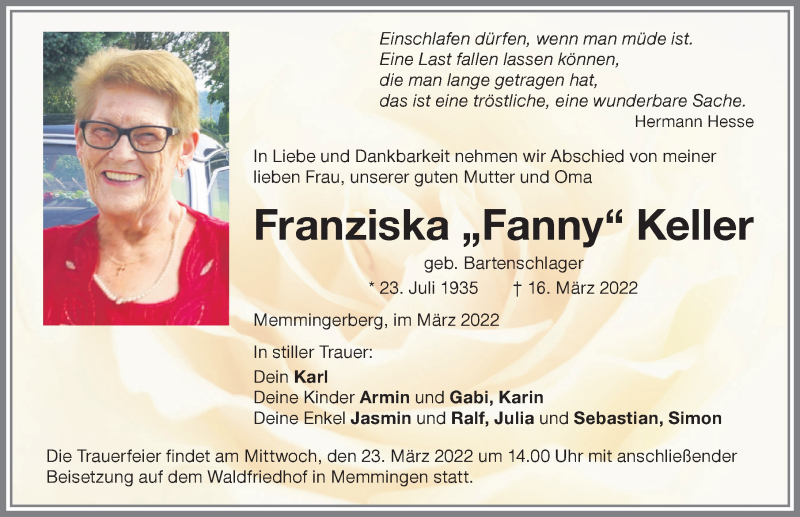 Traueranzeige von Franziska Keller von Memminger Zeitung