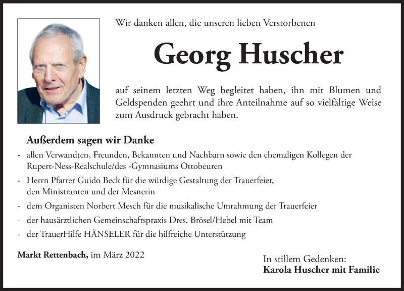 Traueranzeige von Georg Huscher von Memminger Zeitung