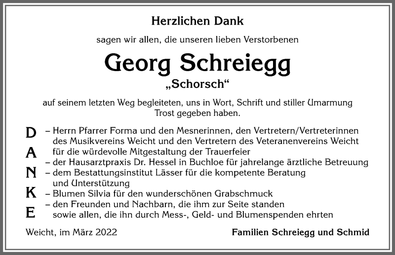 Traueranzeige von Georg Schreiegg von Allgäuer Zeitung