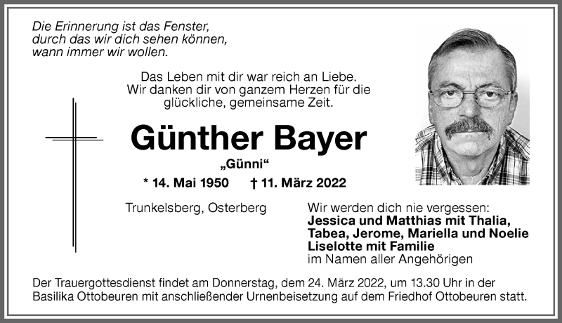 Traueranzeige von Günther Bayer von Memminger Zeitung