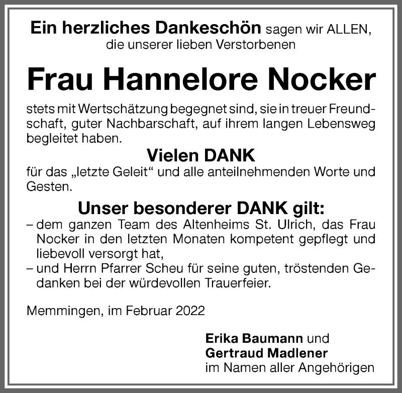 Traueranzeige von Hannelore Nocker von Memminger Zeitung