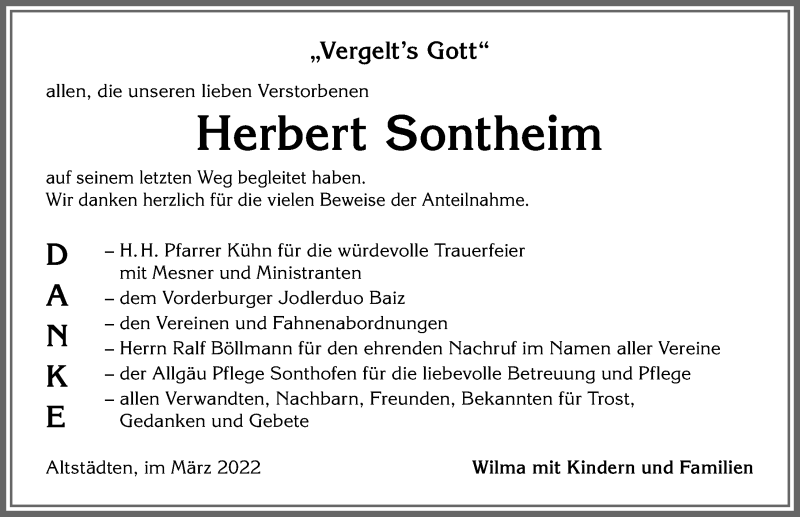 Traueranzeige von Herbert Sontheim von Allgäuer Anzeigeblatt