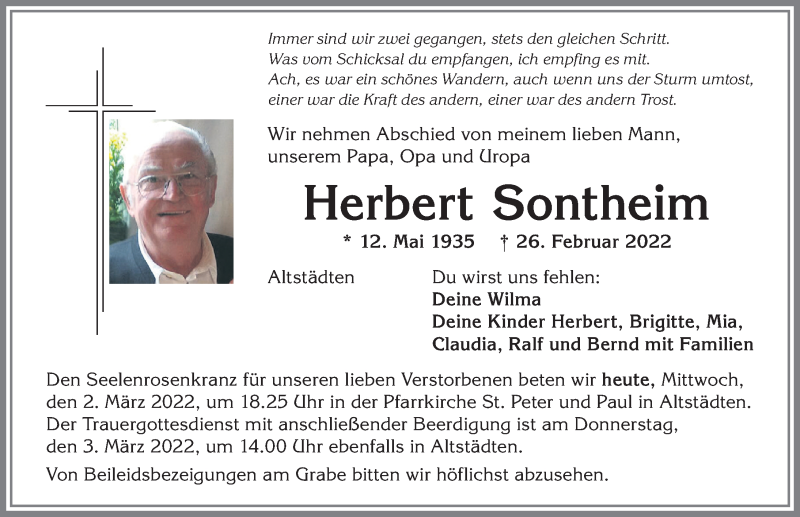 Traueranzeige von Herbert Sontheim von Allgäuer Anzeigeblatt