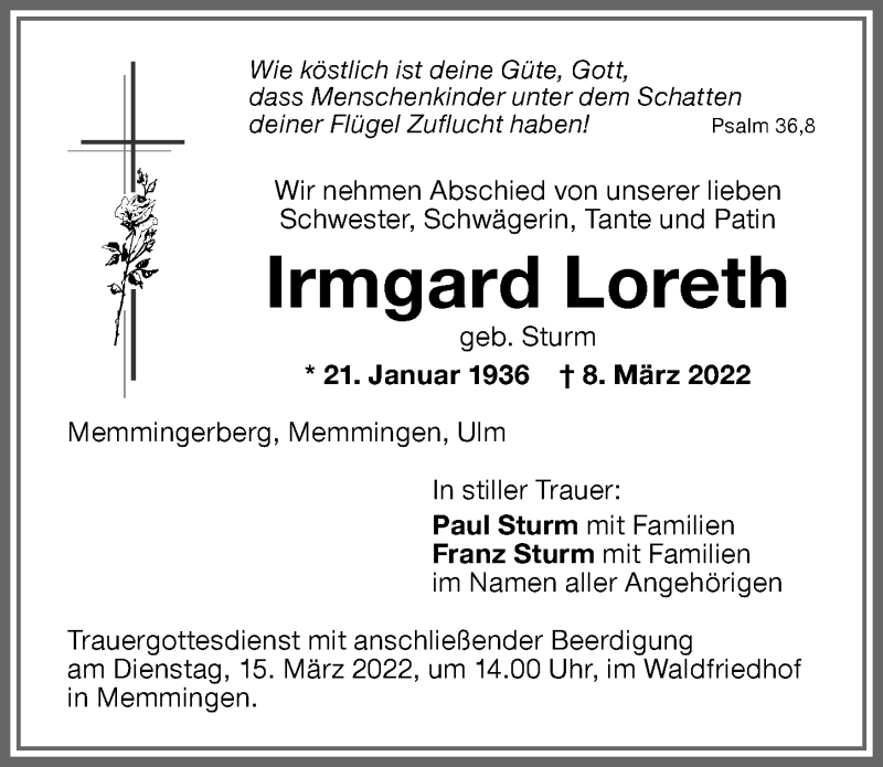 Traueranzeige von Irmgard Loreth von Memminger Zeitung