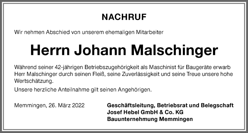 Traueranzeige von Johann Malschinger von Memminger Zeitung