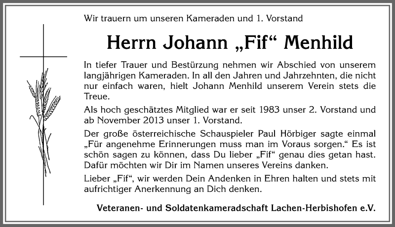 Traueranzeige von Johann Menhild von Memminger Zeitung