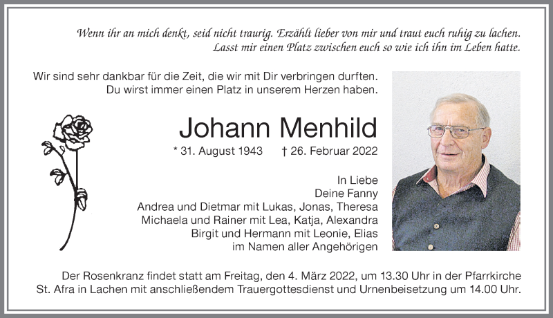 Traueranzeige von Johann Menhild von Memminger Zeitung