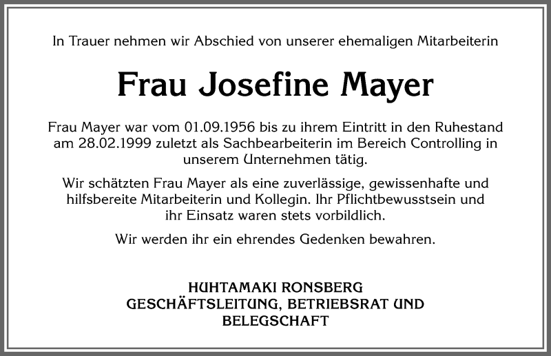 Traueranzeige von Josefine Mayer von Allgäuer Zeitung, Marktoberdorf