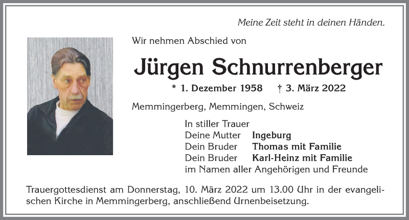 Traueranzeige von Jürgen Schnurrenberger von Memminger Zeitung