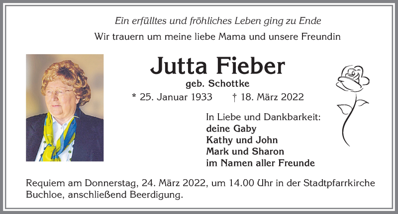 Traueranzeige von Jutta Fieber von Allgäuer Zeitung, Kaufbeuren/Buchloe