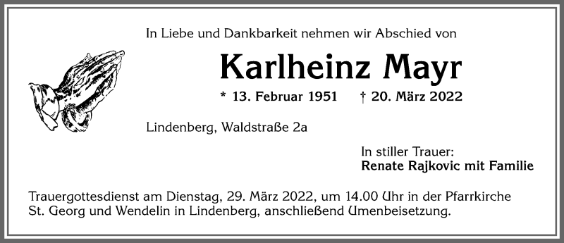 Traueranzeige von Karlheinz Mayr von Allgäuer Zeitung, Kaufbeuren/Buchloe