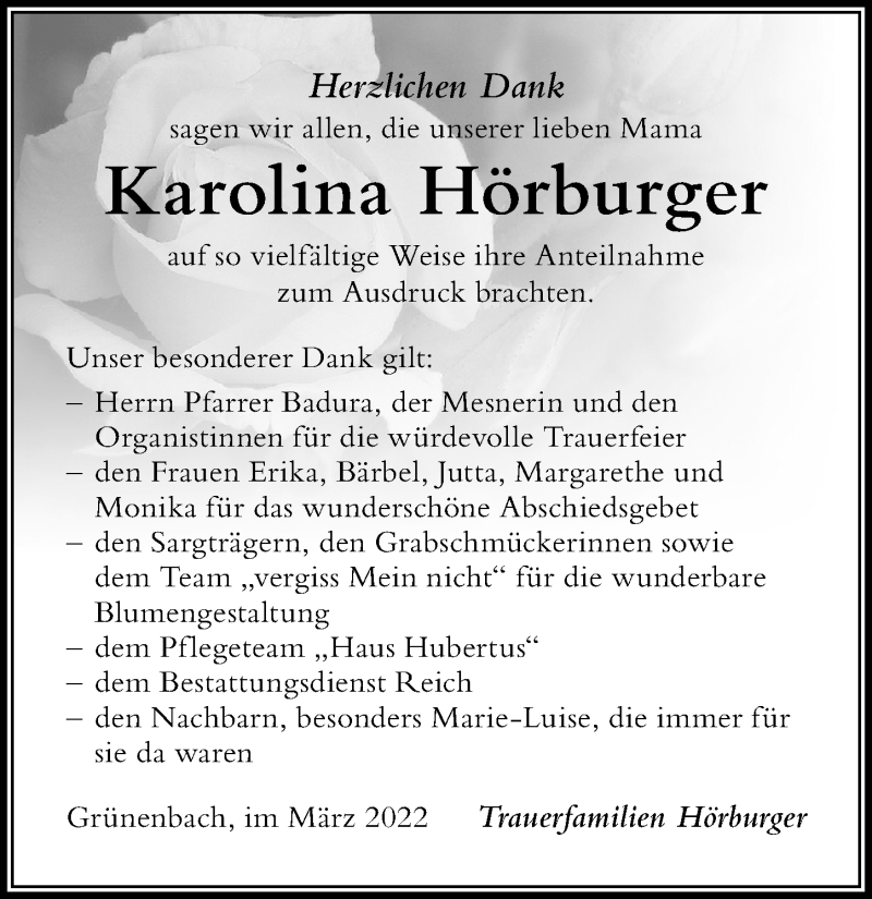 Traueranzeige von Karolina Hörburger von Der Westallgäuer