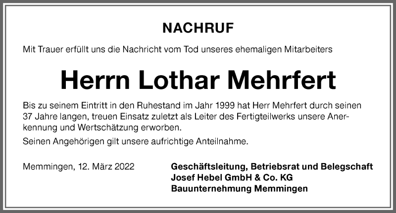 Traueranzeige von Lothar Mehrfert von Memminger Zeitung